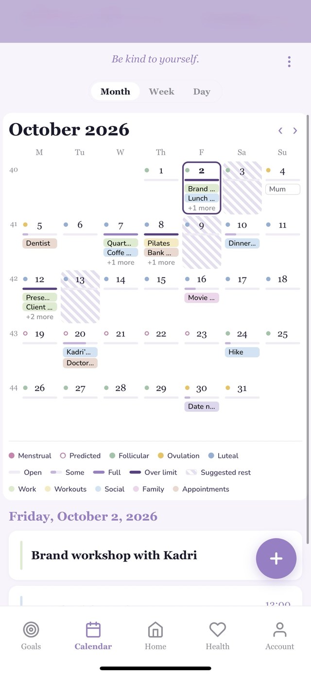 Agate month calendar showing your events, your cycle phases and a line under each day for how full it already is